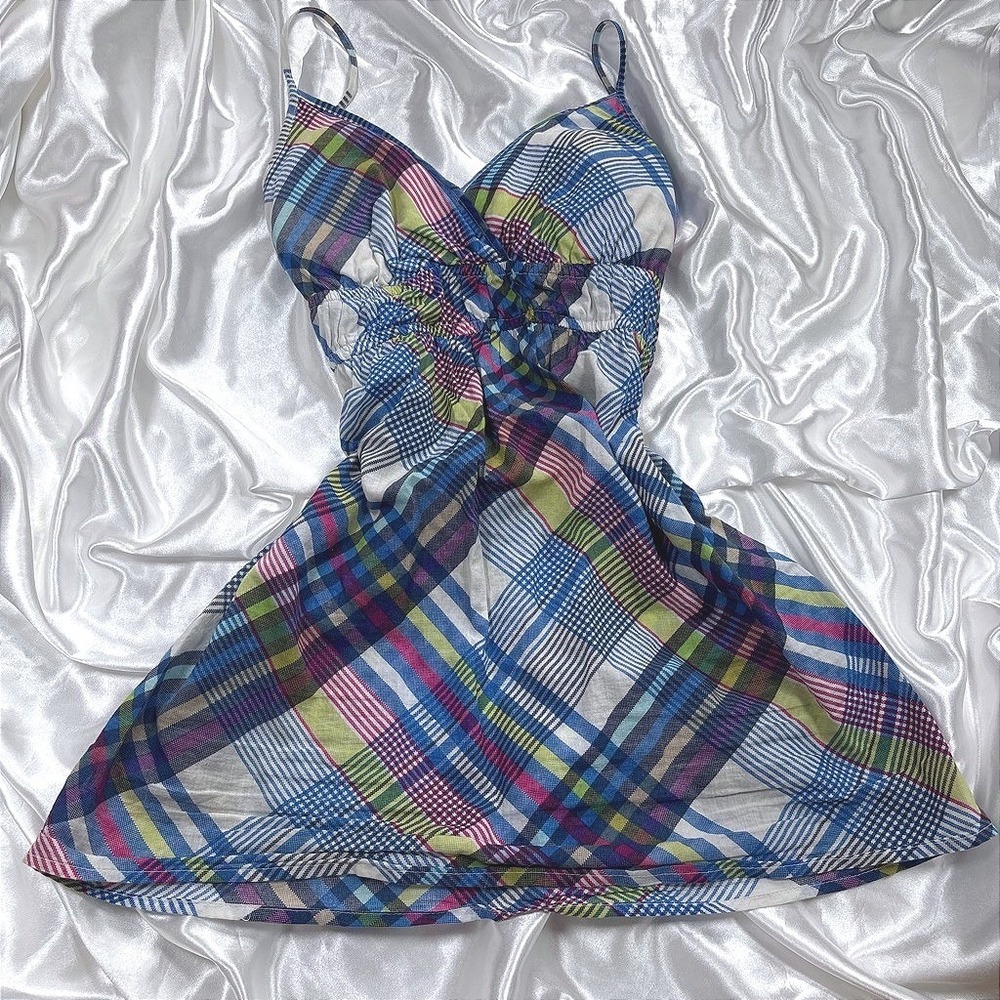 y2k Tank Top Blue Excellent Plaid Smocked Empire Waist Self Esteem Large